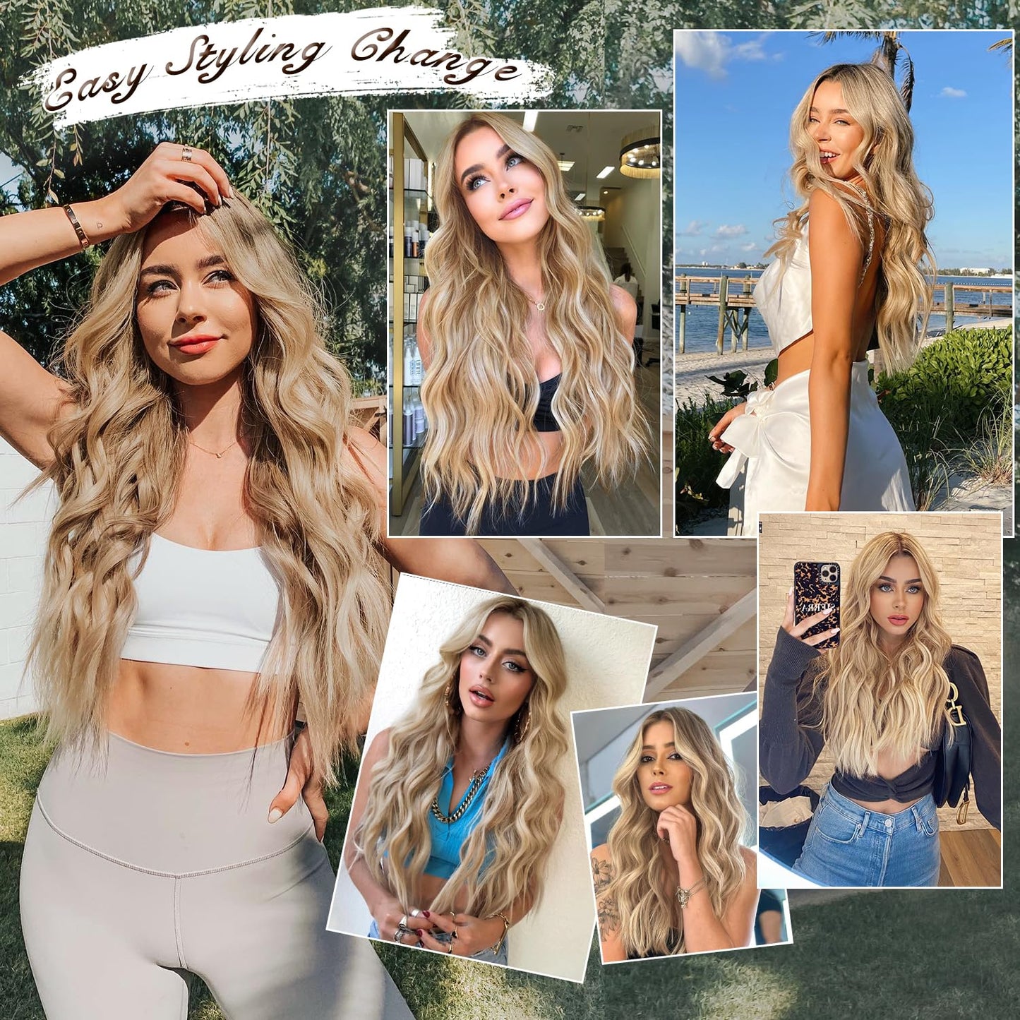 FREEMEIGE Clip in Hair Extensions for Women,Blonde Extensions Clip in Synthetic Hair Extensions Long Wavy 4PCS Thick Hairpieces Fiber Double Weft Natural Hair Extensions 20 Inch for Women