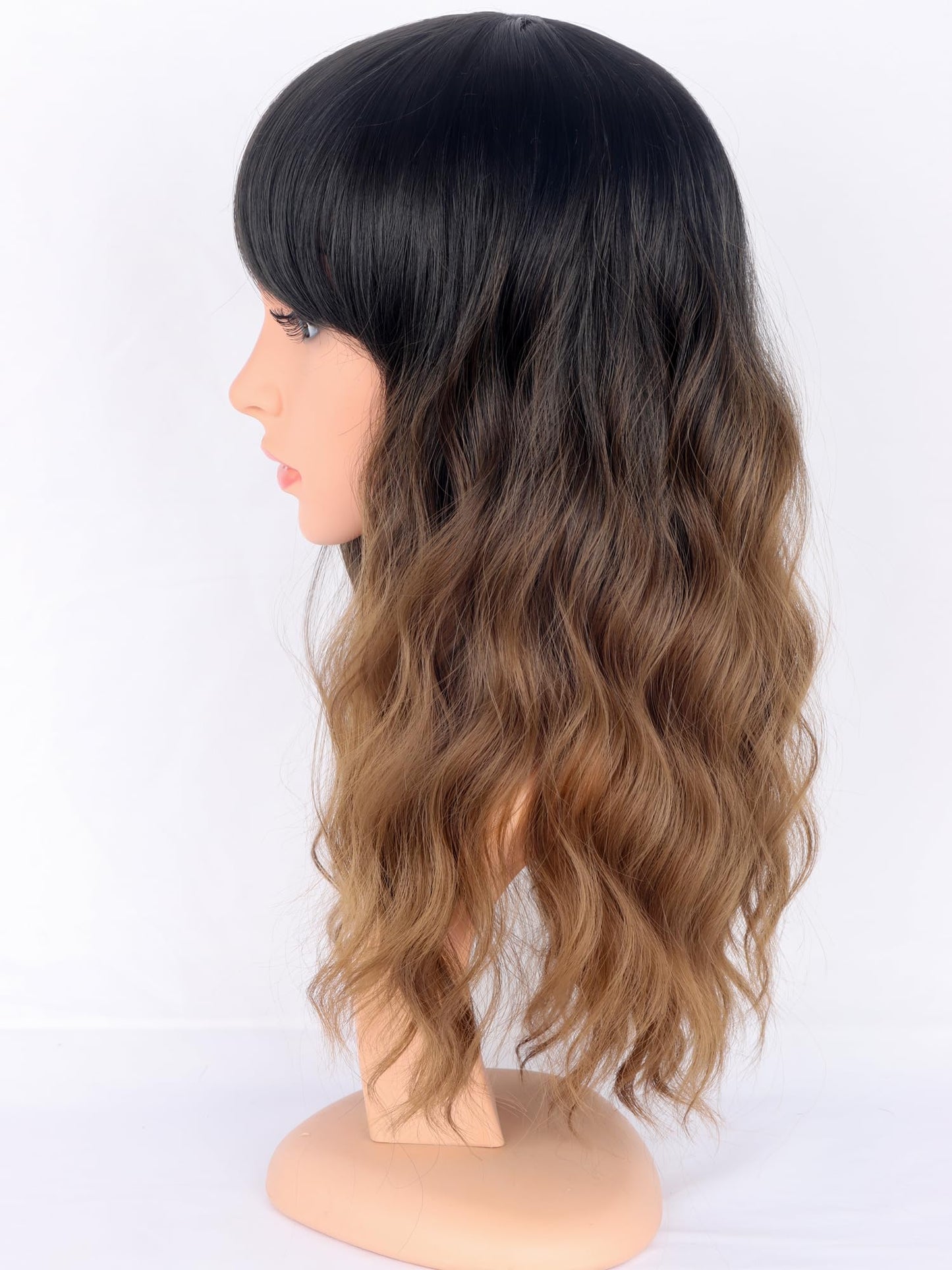 SYMEIW Ombre Brown Wavy Wigs with Bangs for Women Medium Length Brown Synthetic Wigs Natural Wavy Black To Brown Wigs Heat Resistant for Daily Party Use