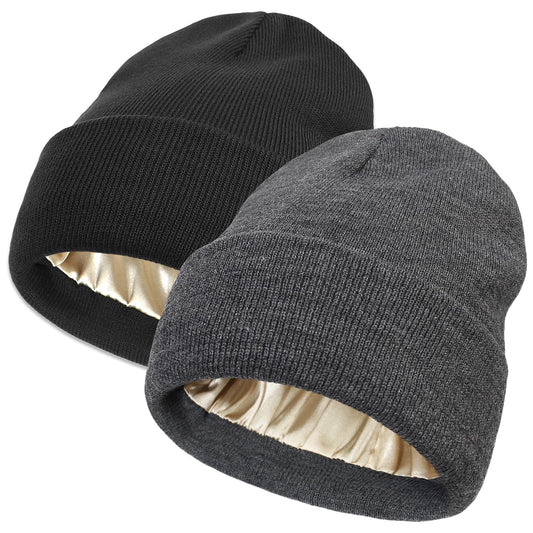Unisex Satin Lined Winter Beanie for Women Men Silky Lining Slouchy Skull Cap Knitted Cuffed Skiing Knit Hat(Black & Dark Grey)