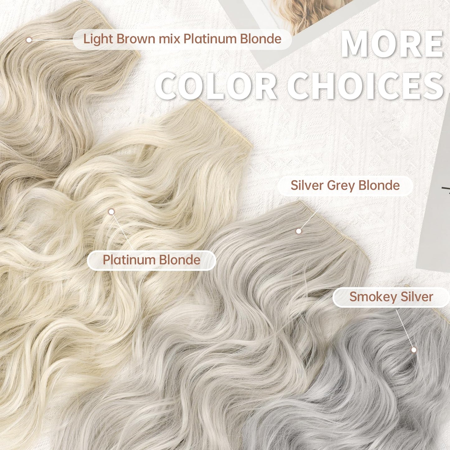 KooKaStyle Invisible Wire Hair Extensions with Transparent Wire Headband Adjustable Size 4 Secure Clips Silver Grey Blonde Long Wavy Hairpiece for Women