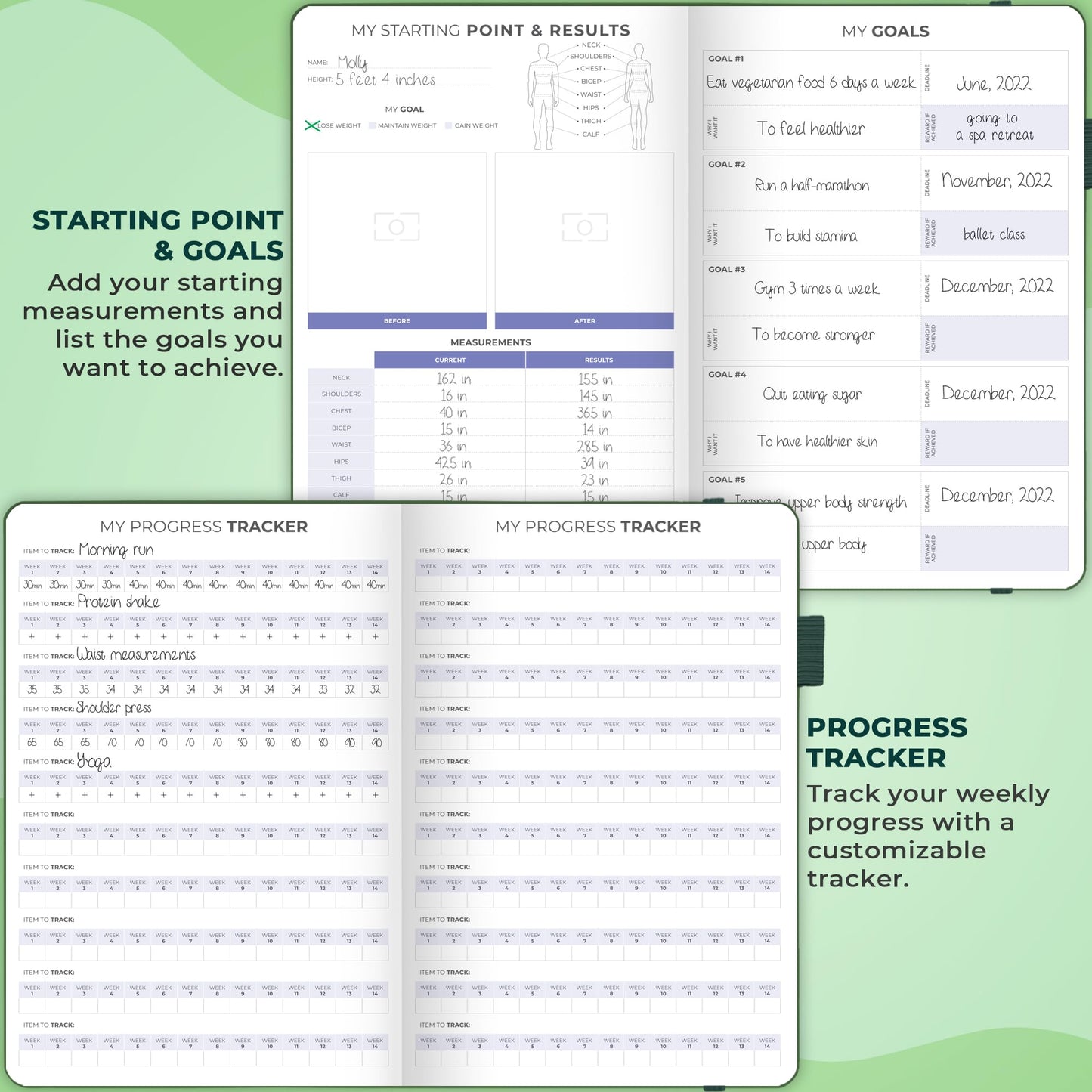 Clever Fox Fitness & Food Journal – Nutrition & Workout Planner for Women & Men – Diet & Gym Exercise Log Book with Calendars, Diet & Training Trackers - Undated, A5 Size, Hardcover (Forest Green)