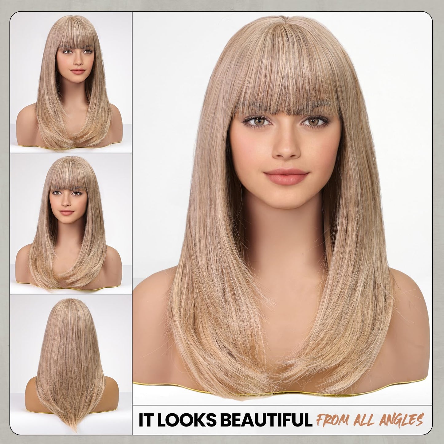 EMMOR Brown Wig With Bangs For Women Long Straight Wigs Synthetic Layered Hairstyle For Girls Party Cosplay And Daily Use(26" Ash Blonde)