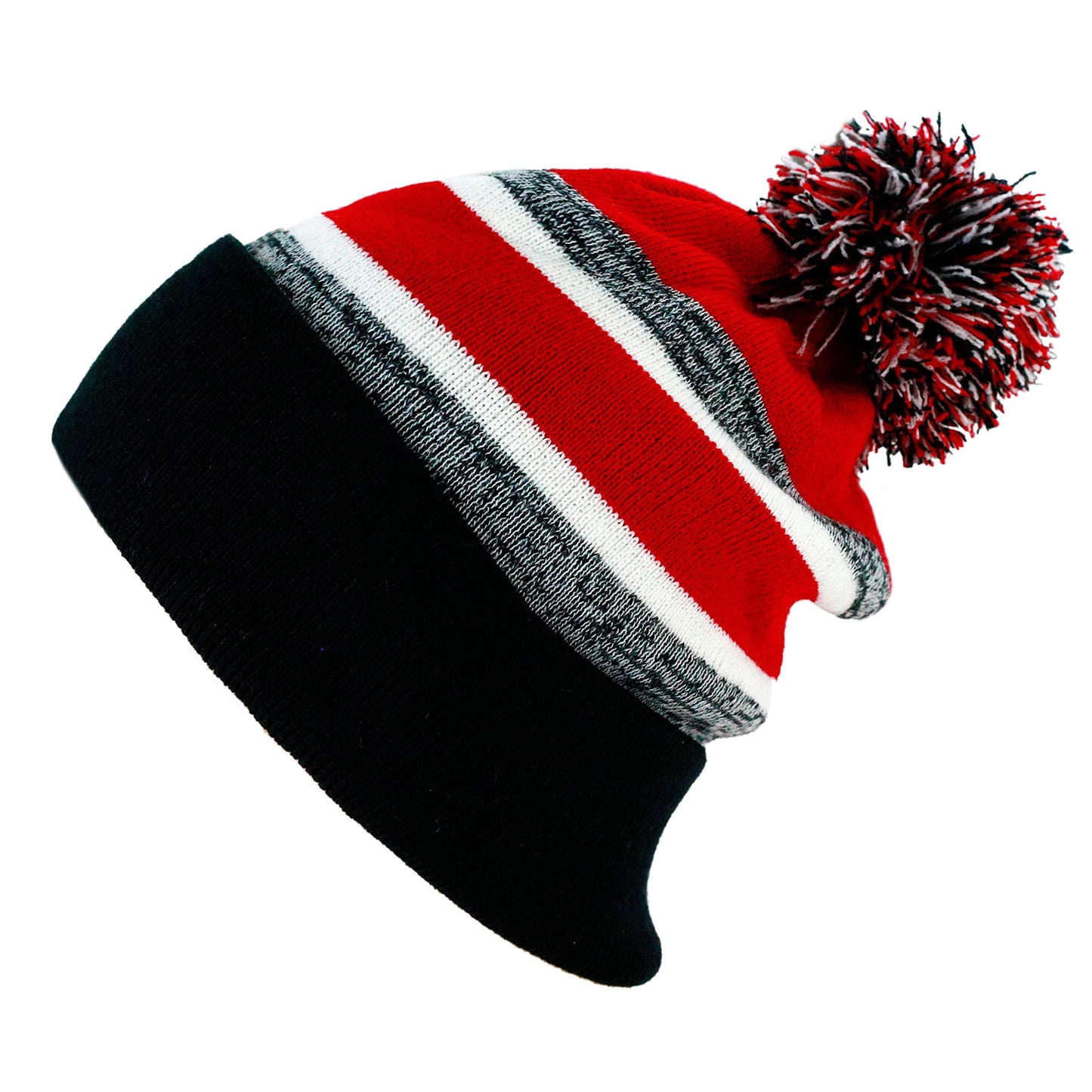 The Hat Depot Winter Soft Unisex Pom Pom Plain Knit Beanie Skully Hat (Black and Red with Pom)