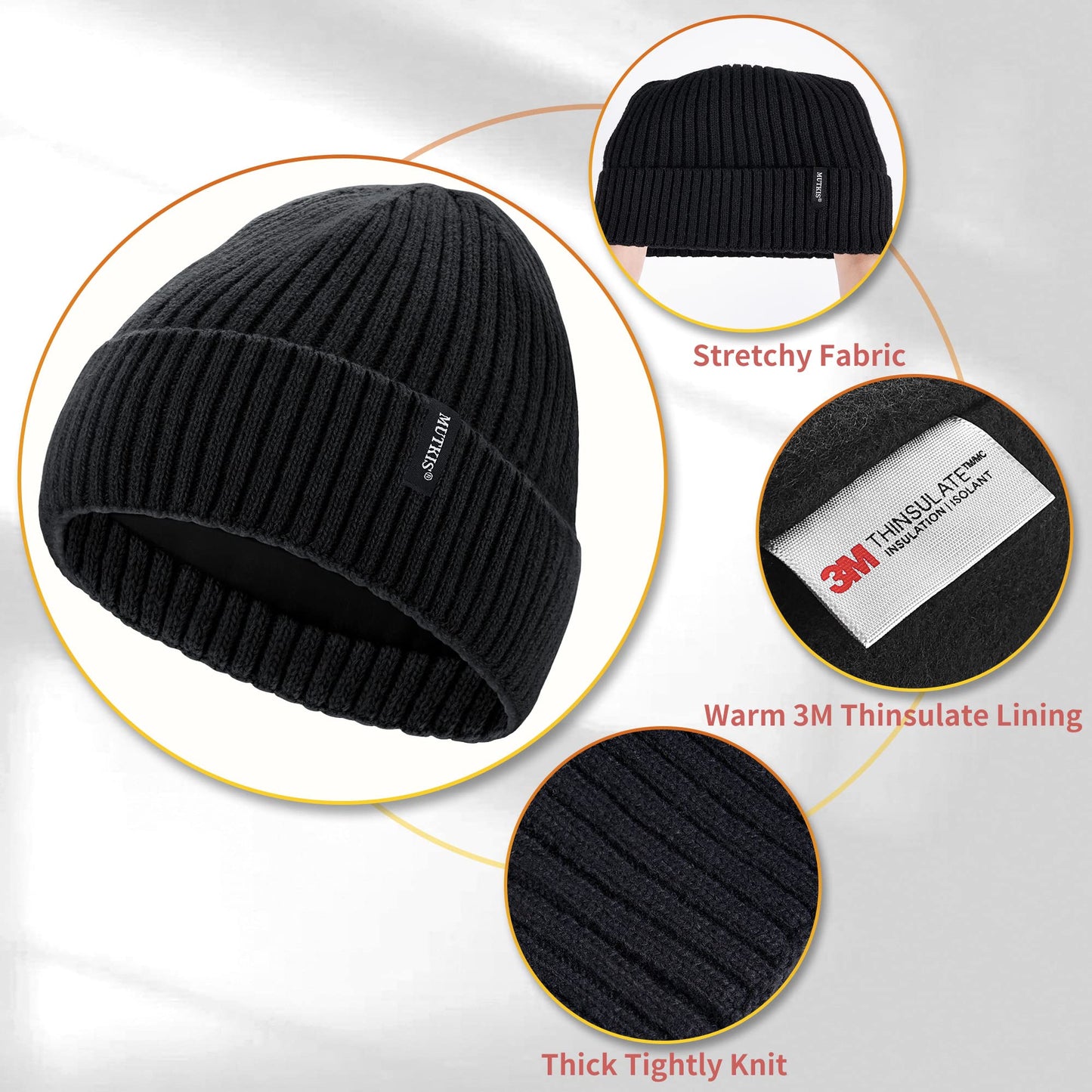 30% Merino Wool Beanie Hats for Men and Women, Thick Thermal Lined Winter Skull Caps
