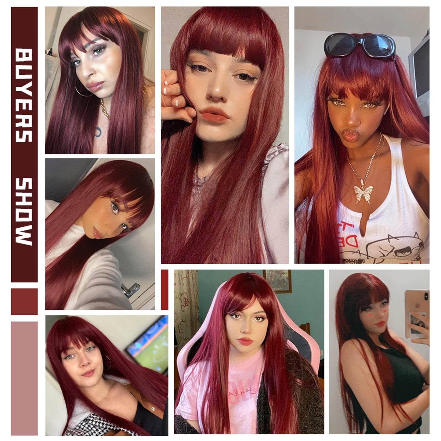 MISSQUEEN Long Red Wig with Bangs,Straight Dark Red Wigs for Women,Wine Red Long Straight Heat Resistant Synthetic wig for Fashion Women