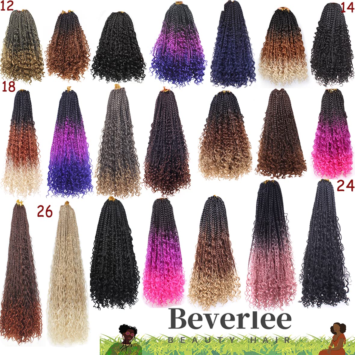 Beverlee 14 Inch Boho Box Braids 8 Packs Goddess Box Braids Crochet Hair Bohemian Hippie Braids Braiding Hair Box Braids with Curly Ends Messy Pre-looped Synthetic Crochet Hair for Women 613#