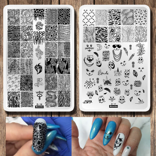 2Pcs Snakeskin Pattern Nail Stamping Template Cute Facial Expression Feather Nail Design Stamping Plate Skull Leopard Nail Art Image Plate 14.5×9.5cm Stainless Steel Nail Stencil Tools