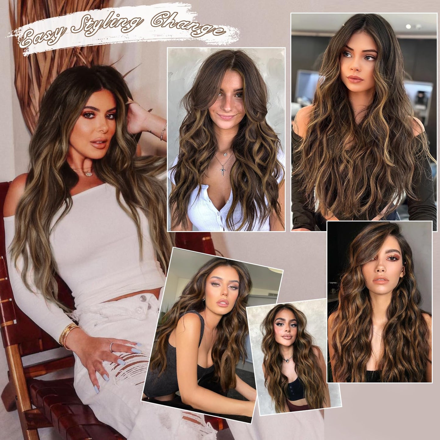 FREEMEIGE Clip in Long Wavy Synthetic Hair Extension 20 Inch Balayage Dark Brown to Chestnut 4PCS Thick Hairpieces Fiber Double Weft Hair for Women