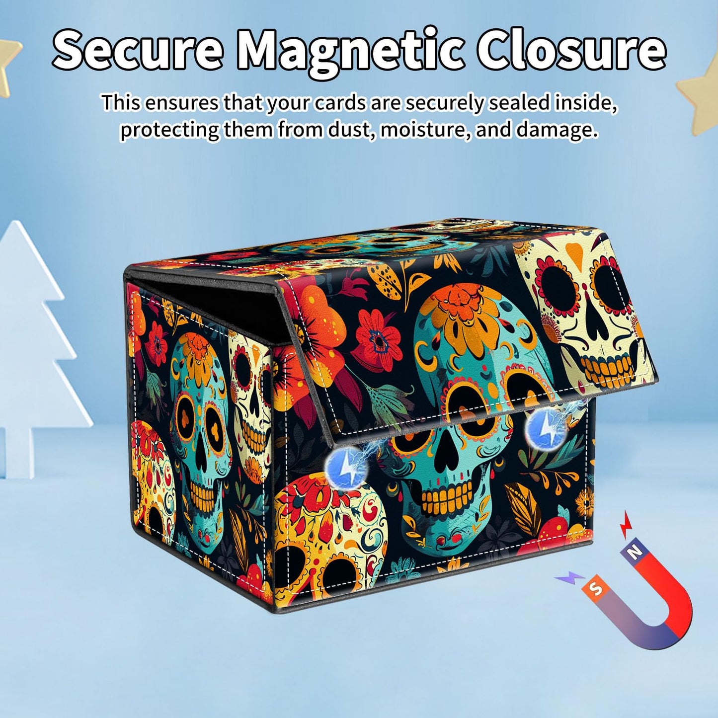 ACWDMKH for MTG Commander Deck Box,Card Deck Box for Trading Card Yugioh MTG Cards,Fits 100 Double Sleeved Cards,PU Leather Magnet TCG MTG Deck Case for Magic Commander Deck Box,Flower Skull