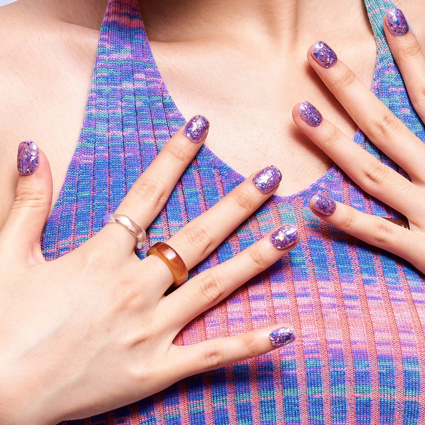 GLAMERMAID Extra Short Press on Nails, Glitter Purple Fake Nails Short Squoval, Natural Round Square Glue on Nails Glossy Gel, Acrylic False Nail Kits for Women, Reusable Stick on Full Cover Nails