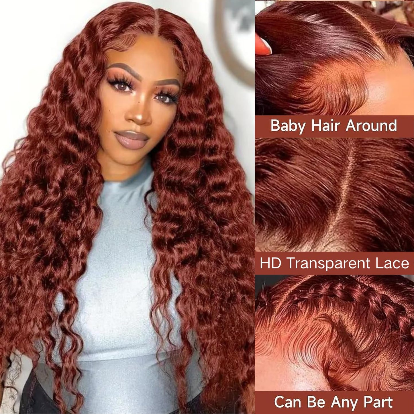 AAKJJ Reddish Brown Deep Wave Lace Front Wigs Human Hair 13x4 HD Transparent Lace Front Wigs for Women Copper Auburn Colored Human Hair Wig Glueless Pre Plucked with Baby Hair 200 Density 24 Inch