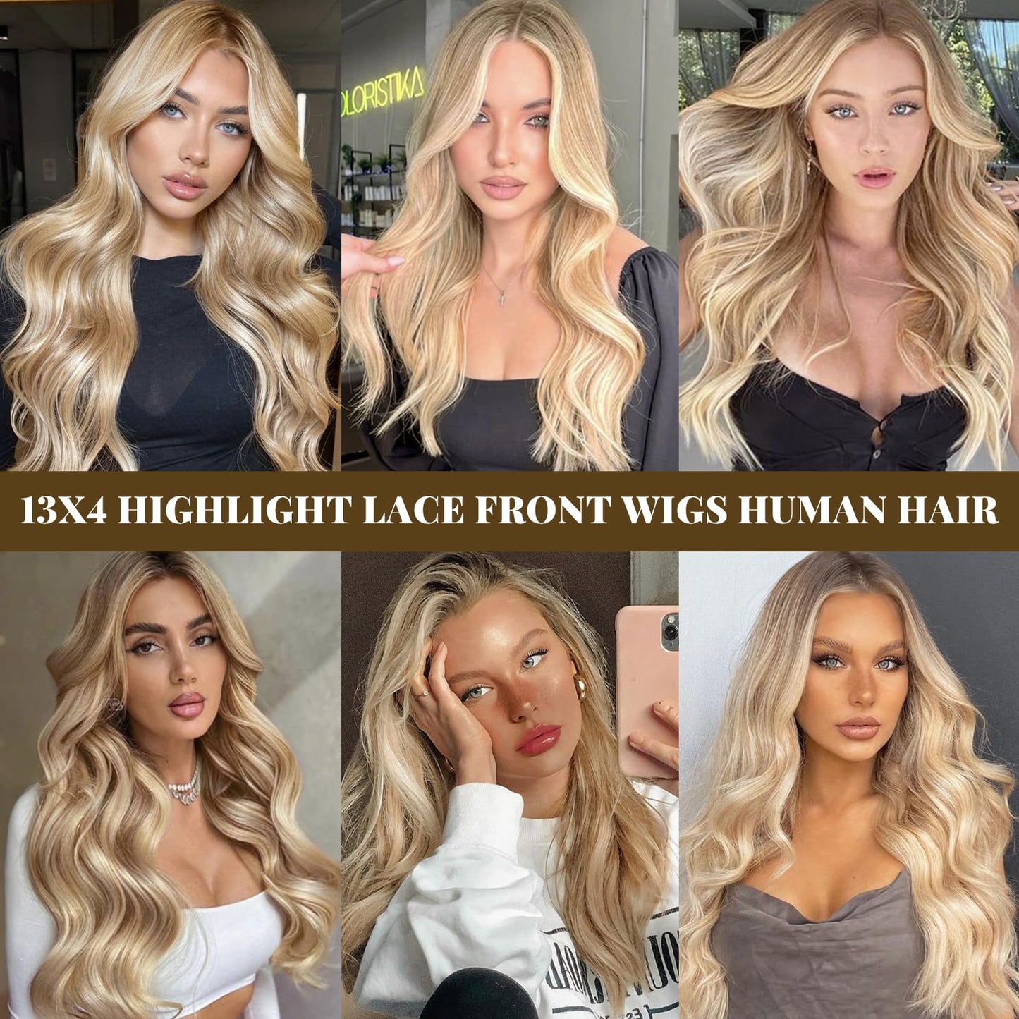 13x4 Highlights Lace Front Wigs Human Hair for Women Honey Blonde Ombre Straight HD Lace Closure Wig Glueless Remy Brazilian Virgin Human Hair 18 Inch Pre Plucked Bleached Knots #4/12/613