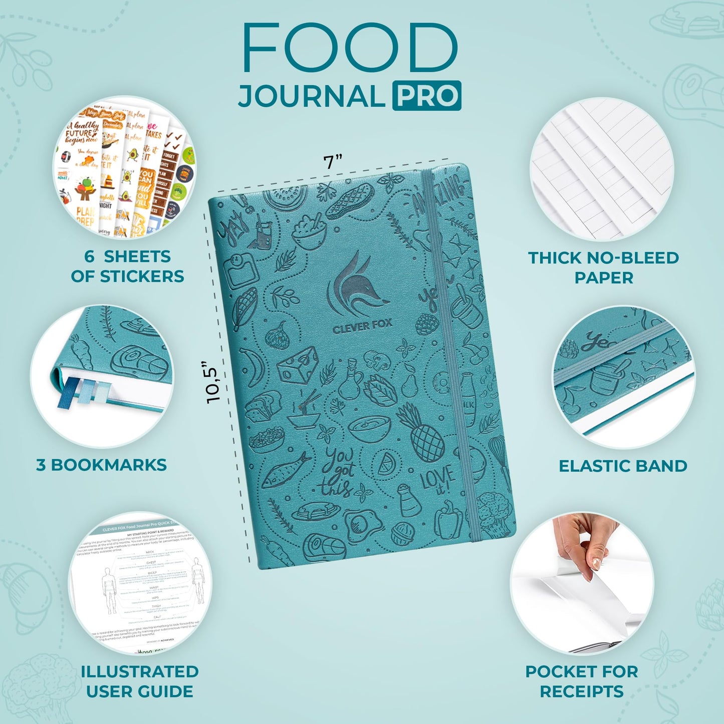 Clever Fox Food Journal Pro – Diet & Wellness Planner for Women & Men – Weight Loss Diary with Calorie Tracker – Food Log for Tracking Meals, Exercise & Weightloss - Undated, 7" x 10" Aquamarine