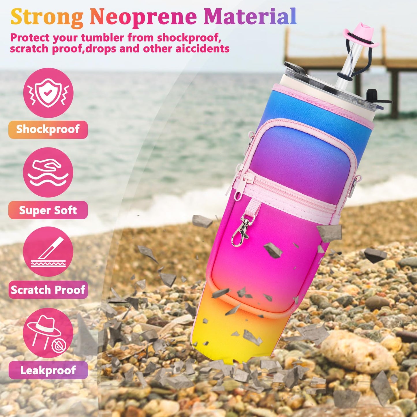 Water Bottle Carrier Bag with Phone Pocket and 2 Straw Covers Compatible with Stanley/Meoky/BrüMate 40 oz Tumbler with Handle,Water Bottle Holder with Adjustable Strap Fits for Stanley Cup Accessories