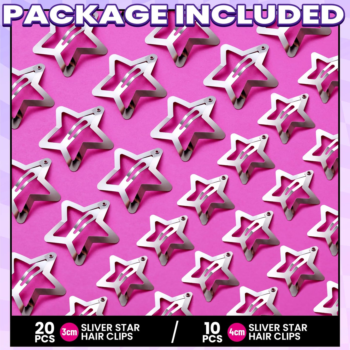 YGDZ Star Hair Clips and Barrettes Set - 20 pcs 1.22" Y2K Hair Accessories, 10 pcs 1.61" Silver Clips for Girls Women, Rave Accessories, Non-Slip Metal Snap Hair Clips