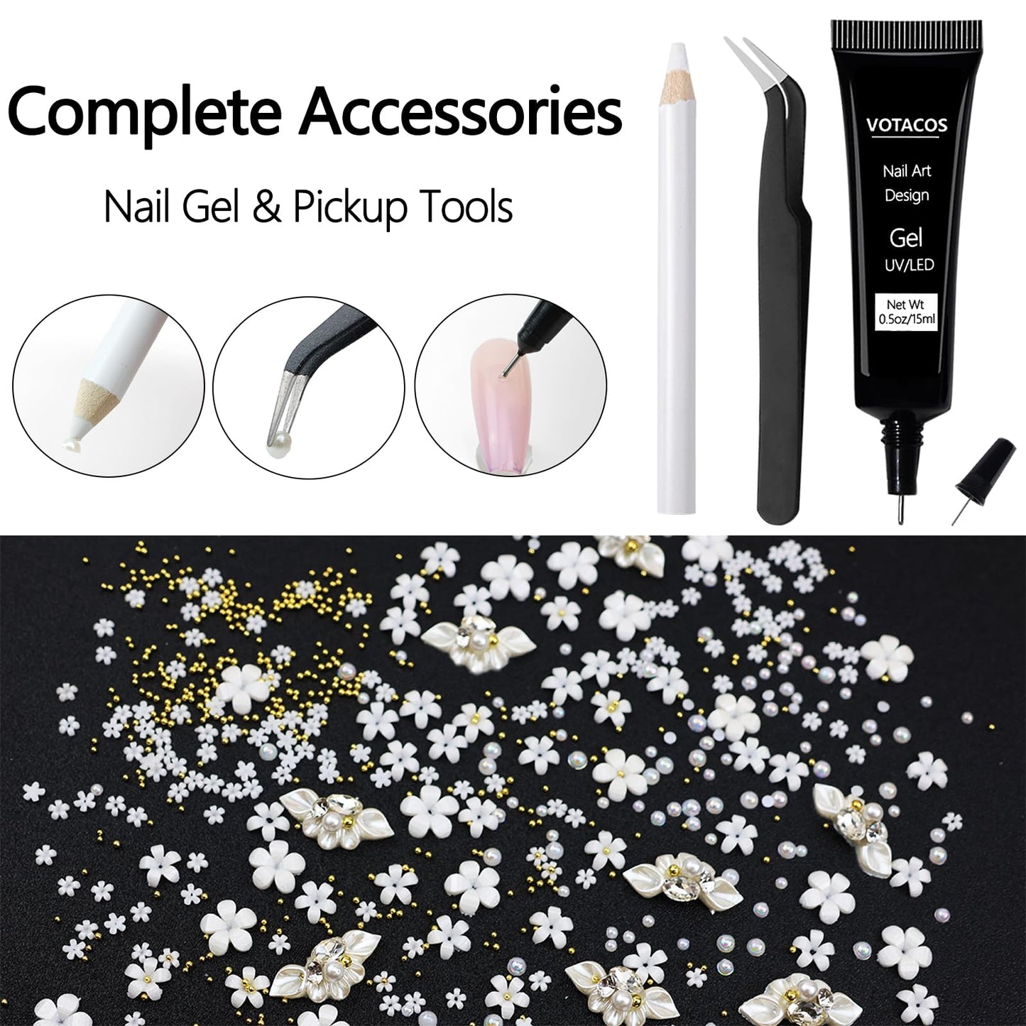 VOTACOS Nail Art Charms White Nail Rhinestones with Nail Glue Gel Flatback Pearls Nail Charms Luxurious Nail Supplies Accessories Gold Steel Ball Nail Gems Jewelry Pearls for Women Nail Design