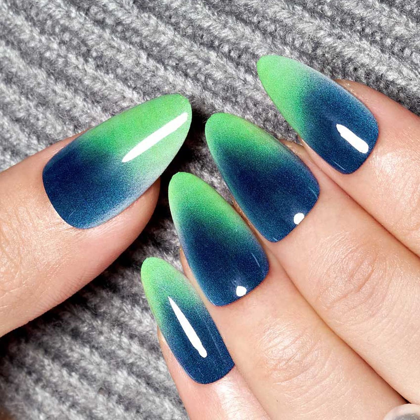 GLAMERMAID Press on Nails Medium Almond, Handmade Green Ombre Gel Glue on Nail, 24Pcs Glossy Short Stiletto Reusable UV Finish Fake Nails Acrylic False Nails Manicure Kits for Women