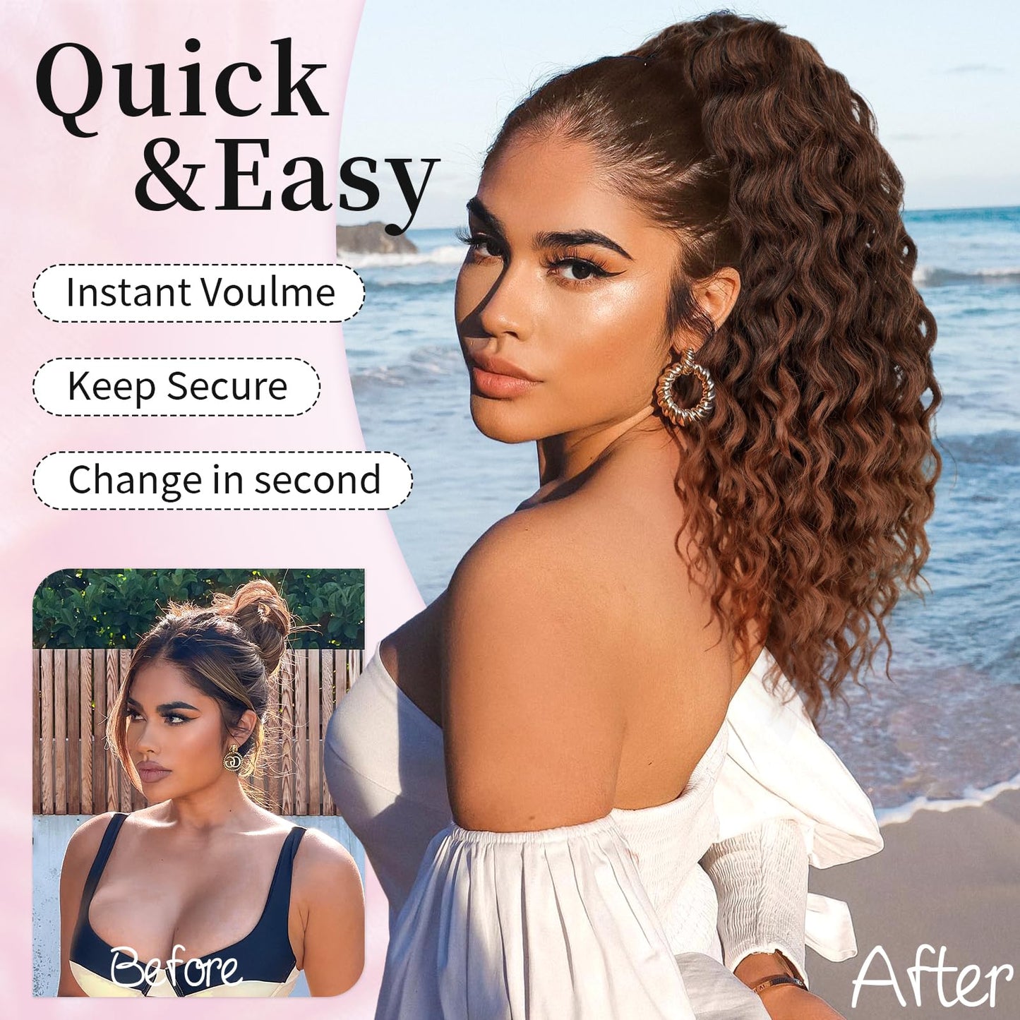 KooKaStyle Curly Ponytail Extension Fluffy Drawstring Ponytail Hair Extensions for Women Long Kinky Curly Wavy Pony Tail Synthetic Hairpiece for Daily Use(18Inch Natural Black Mixed Deep Orange)