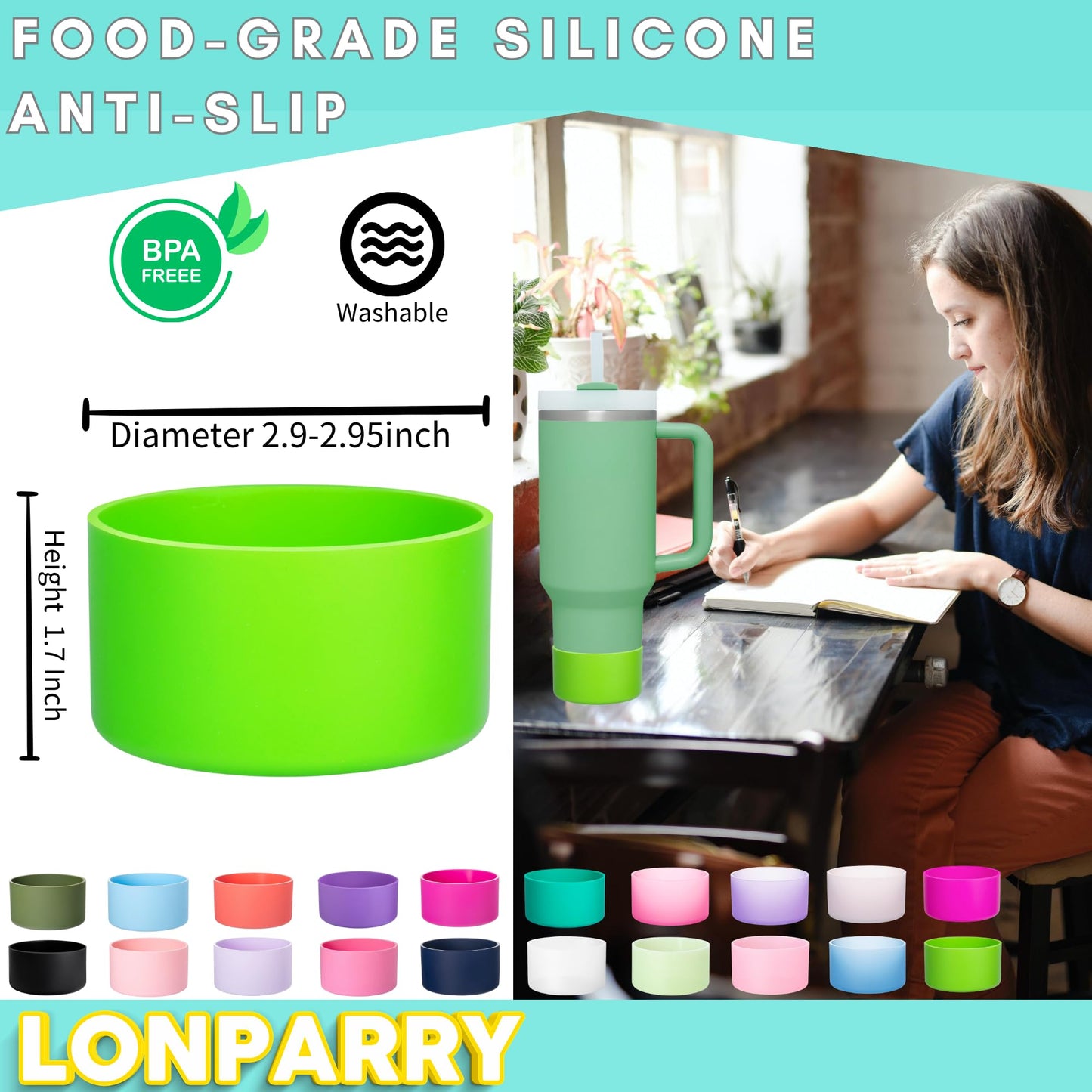 LONPARRY 4-Pack Silicone Boot for Stanley Cup Quencher IceFlow Rubber Bottom Sleeve Protector for Stanley Tumbler HydroFlask Car Travel Cup Bottle Bottom (Clear+Black+Grass Green+Malachite Green)