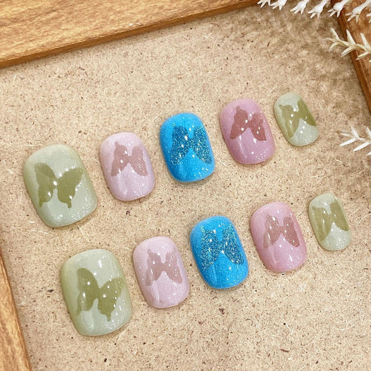 MNAFAYY 100% Handmade Nails Butterfly Color Press On Nails Short Full Cover Luxury Gorgeous Reusable UV Finished Fake False Nails Handpainted Acrylic Nail Kit With Box Gifts Women Mother's Day S