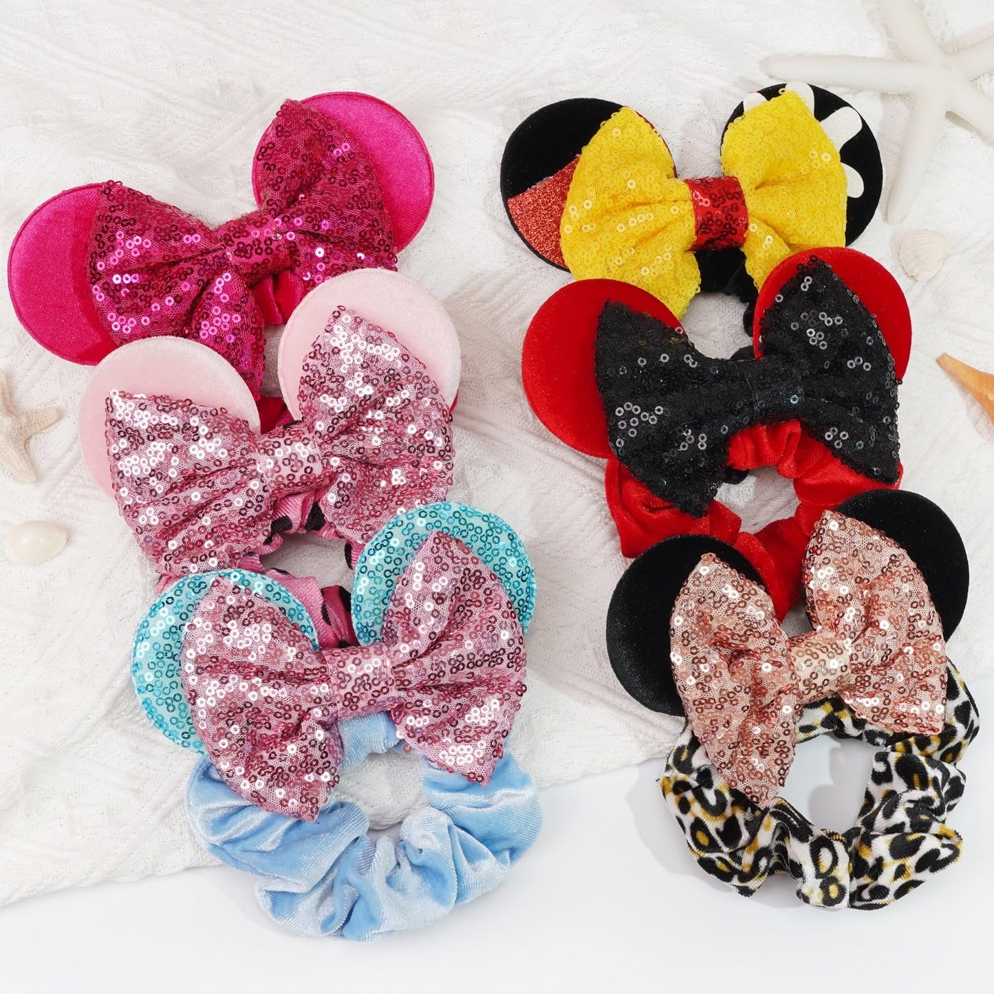 6 Pack Mouse Ears Scrunchies Velvet Scrunchies Sparkle Sequin Mouse Bows Hair Scrunchies Hair Ties Elastic Rubber Bands Ponytail Holders for Kids Women Girls Christmas Party Decoration