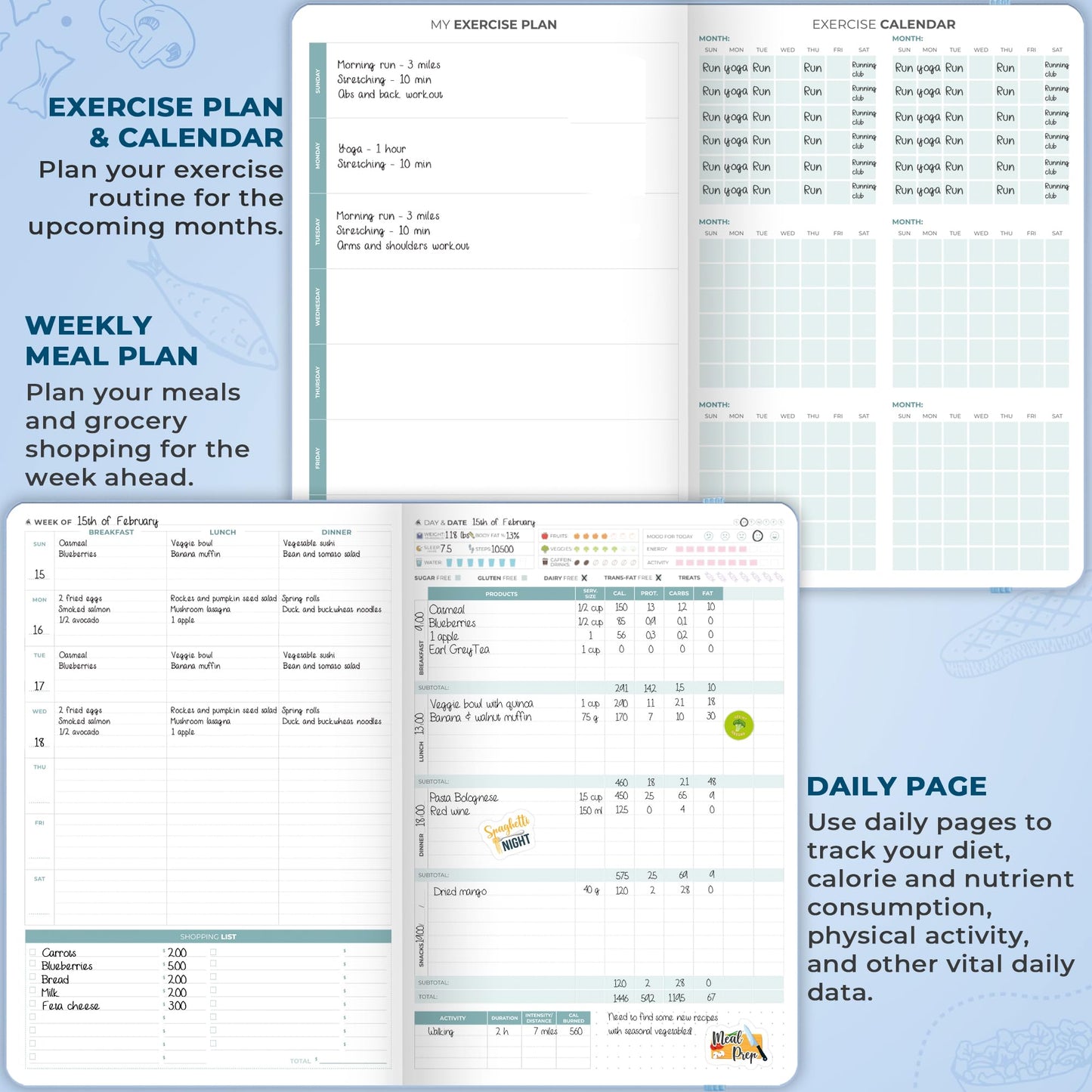 Clever Fox Food Journal Pro – Diet & Wellness Planner for Women & Men – Weight Loss Diary with Calorie Tracker – Food Log for Tracking Meals, Exercise & Weightloss - Undated, 7" x 10" Light Blue