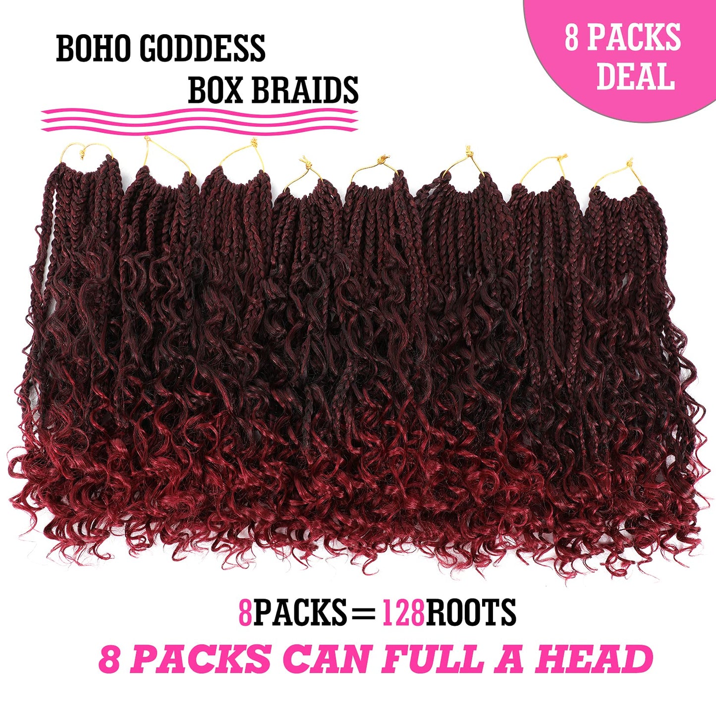 14inch Goddess Box Braids Crochet Hair Crochet Box Braids Curly Ends 3X Bohemian Crochet Box Braids Hair Synthetic Crochet Hair Extensions (14inch(Pack of 8), TBUG)