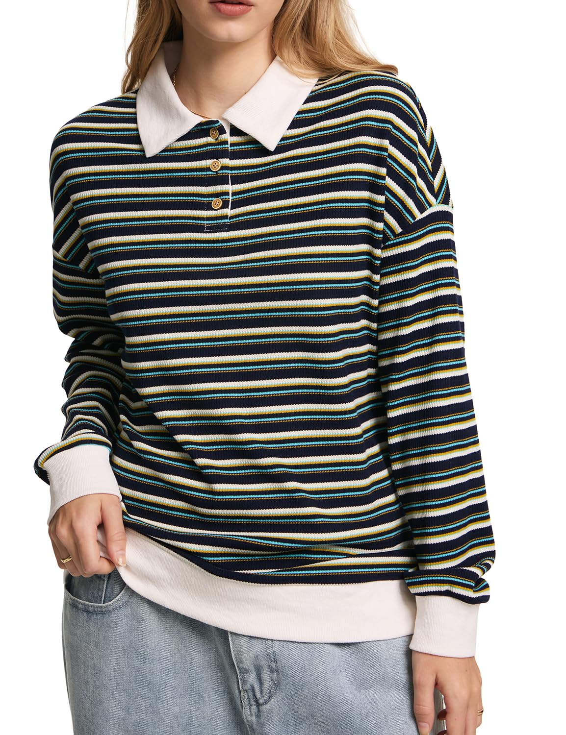 WIHOLL Womens Sweatshirts Colorblock Striped Fall Outfits Long Sleeve Polo Button Shirts 2024 Fashion Soft Winter Lightweight Tunic Tops Navy Small