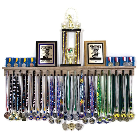 46.5"- Medal Awards Rack- The Largest Trophy Shelf and Medal Hanger Display - Multi-Sport Trophy and Medal Holder for Medal Display, Plaques, Pictures, Trophies, and More. Solid Wood