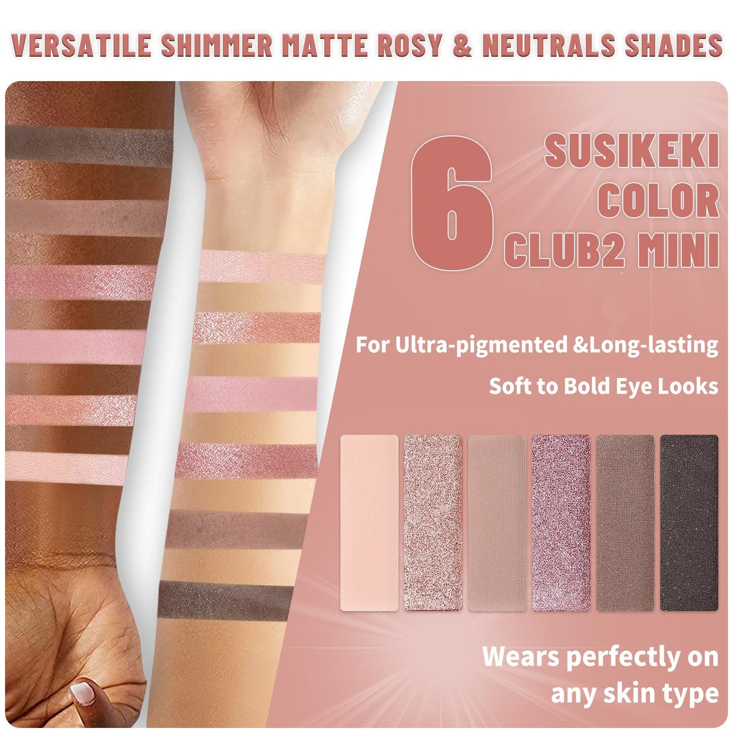 SUSIKEKI 6 Colors Mini Naked Eyeshadow Makeup Palette Rosy Neutral Nude Eye Shadow Shimmer & Matte Make Up Pallet with Mirror Highly Pigmented Long Lasting Waterproof Travel Size Gift Kit 02