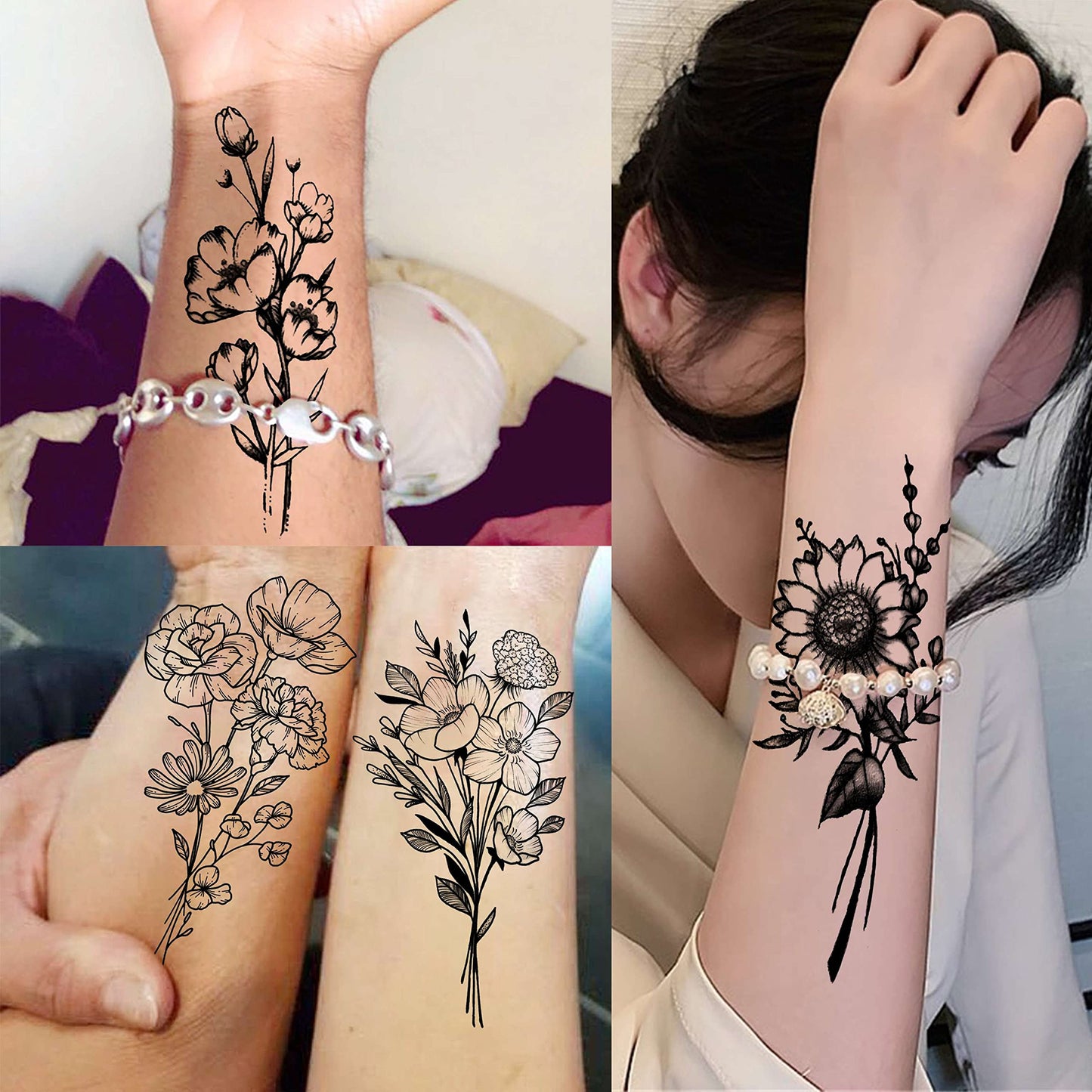 19 Sheets Sexy Realistic Black Flower Bouquet Temporary Tattoos For Women Girls Adults Arm Hand Neck Tatoos Set, Waterproof Small Fake Lavender Sunflower Floral Tattoo Stickers Tiny Branch Tattoo Kit