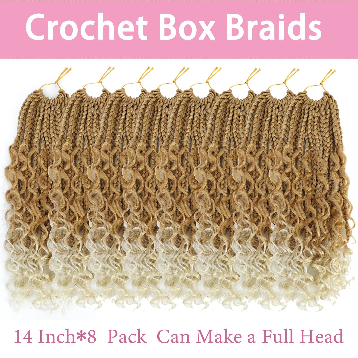 8 Packs Crochet Box Braids- 14 Inch Goddess Box Braids Crochet Hair Bohomian Crochet Braids Hair Synthetic Braiding Hair Extensions Crochet Hair for Black Women (14(8Packs), 27/613)