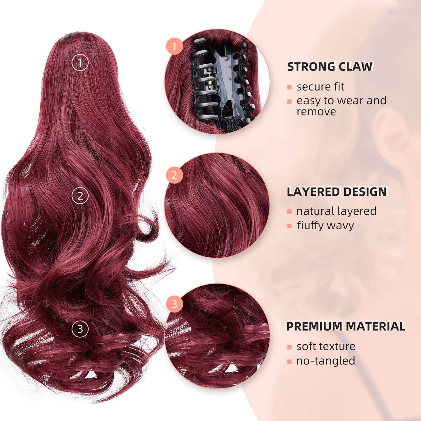 HEWEICSY Ponytail Extension, Hair Extensions Ponytail Claw 14" Wavy Fake Hair Curly Synthetic Ponytail Wig Clip Daily Fluffy Pony Tail Hair Piece for Women(Auburn Brown)