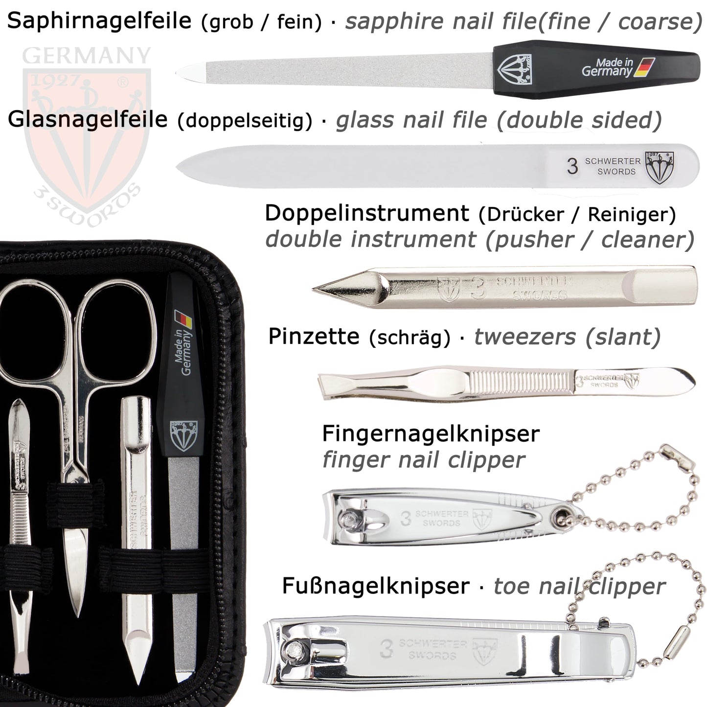 3 Swords Germany - brand quality 8 piece manicure pedicure grooming kit set for professional finger & toe nail care scissors clipper fashion leather case in gift box, Made in Solingen Germany (22009)