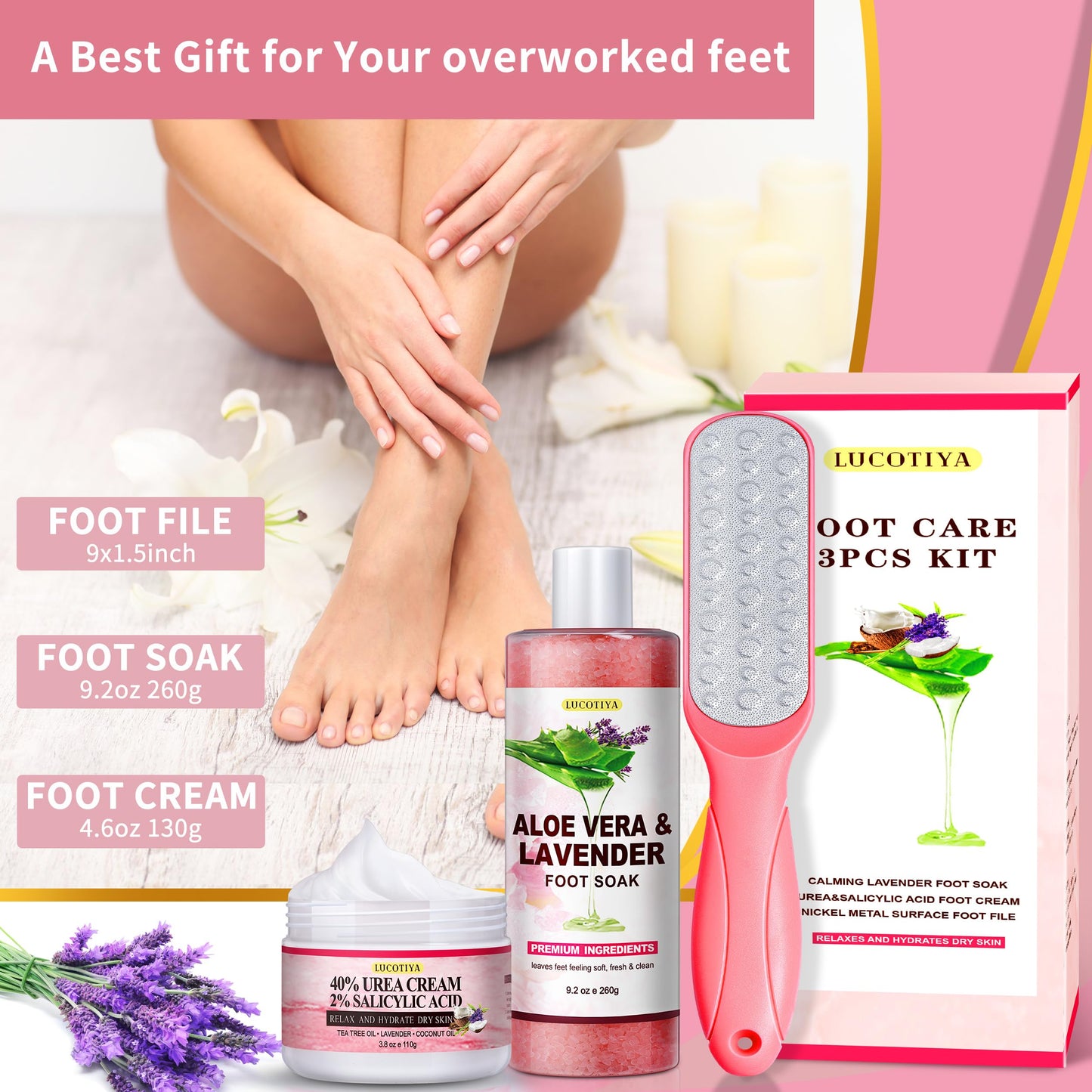Foot Spa Soak Pedicure Kit, Aloe Lavender Foot Soak Salts, Foot File, Urea Cream for Dry, Cracked Feet - Foot Care for Women Men ﻿