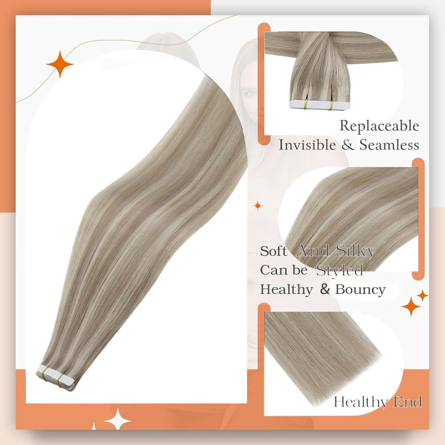 Full Shine Tape in Hair Extensions 12 Inch Remy Tape Hair Extensions 20pcs 30g Highlight Color 18 Ash Blonde And 613 Blonde Extensions for White Women Glue on Hair for Short Hair Extensions