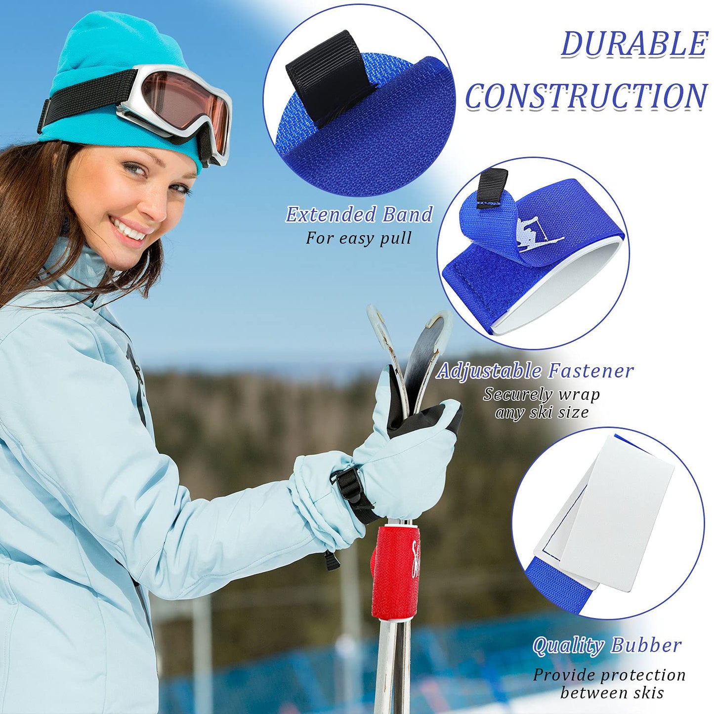 10 Pieces Ski Strap Fasteners Tape Adjustable Ski Wraps Ties for Carrying Ski Gear Winter Christmas (Red, Blue, Black)