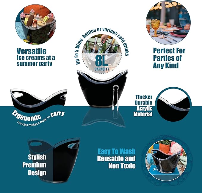 Acrylic Ice Bucket with tongs, Ice Bucket for Parties, Party Supply, Ice Bucket for Cocktail Bar, Champagne Bucket, Tub for Beer, Sparkling Wine, Cocktails, or Ice Cream., Large, Black