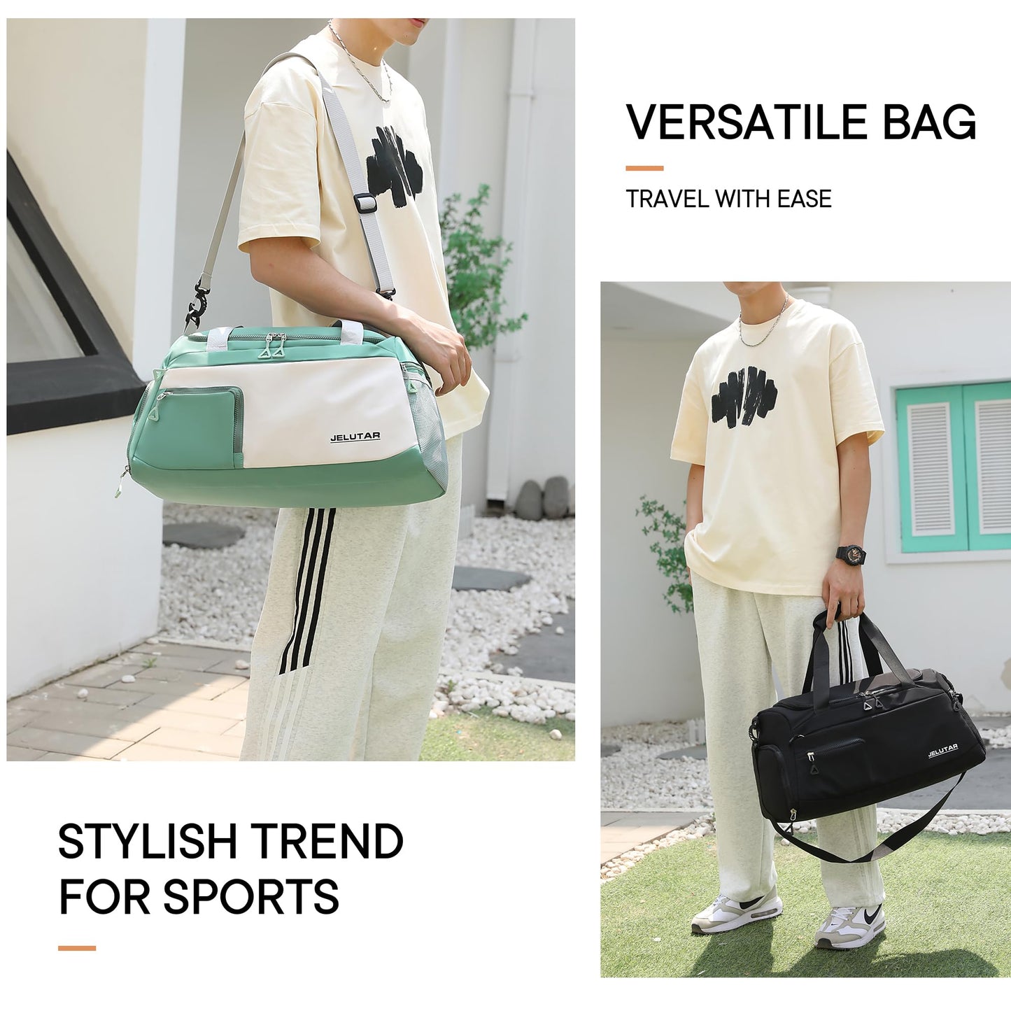 Gym Duffle Bag for Women - JELUTAR Small Carry on Travel Tote Bags Weekender Bags for Personal Item/Sports Gear with Shoe Compartment&Wetproof Pocket (Green/Beige)