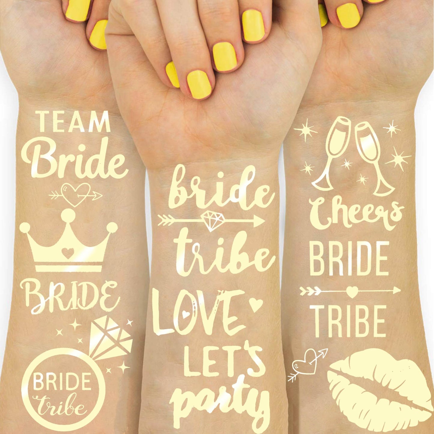 16 PCS Wedding Cheers Bachelorette Temporary Tattoos For Women Men Adults, Flash Glitter Gold Metallic Tattoos Girls Bachelor Party Favor Supplies Decoration, Bulk Bridesmaid Team Bride Tribe Love