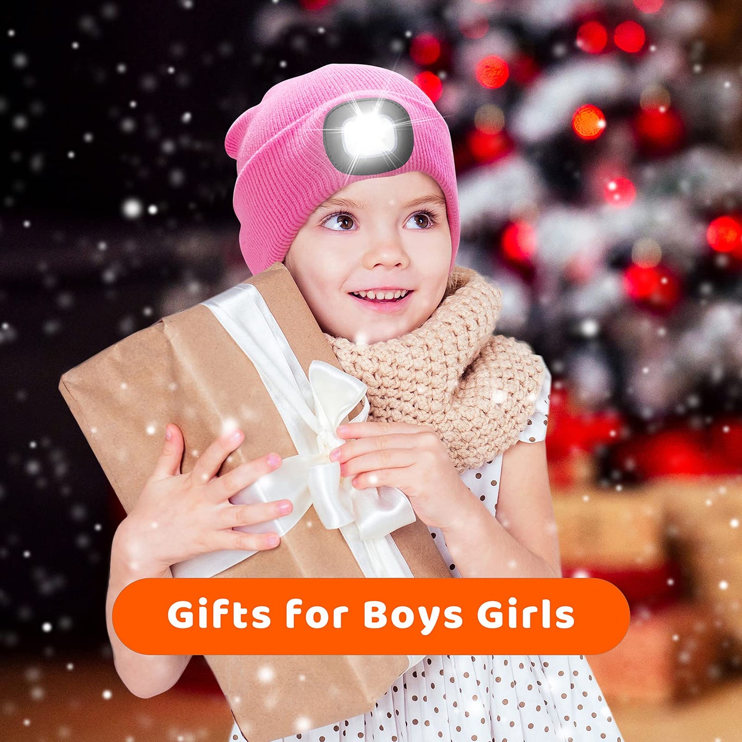 Ocatoma Gifts for Kids Boys Girls Beanie Warm Hat with Light LED USB Rechargeable Headlight Winter Knit Cuffed Hat Unisex Rose Red