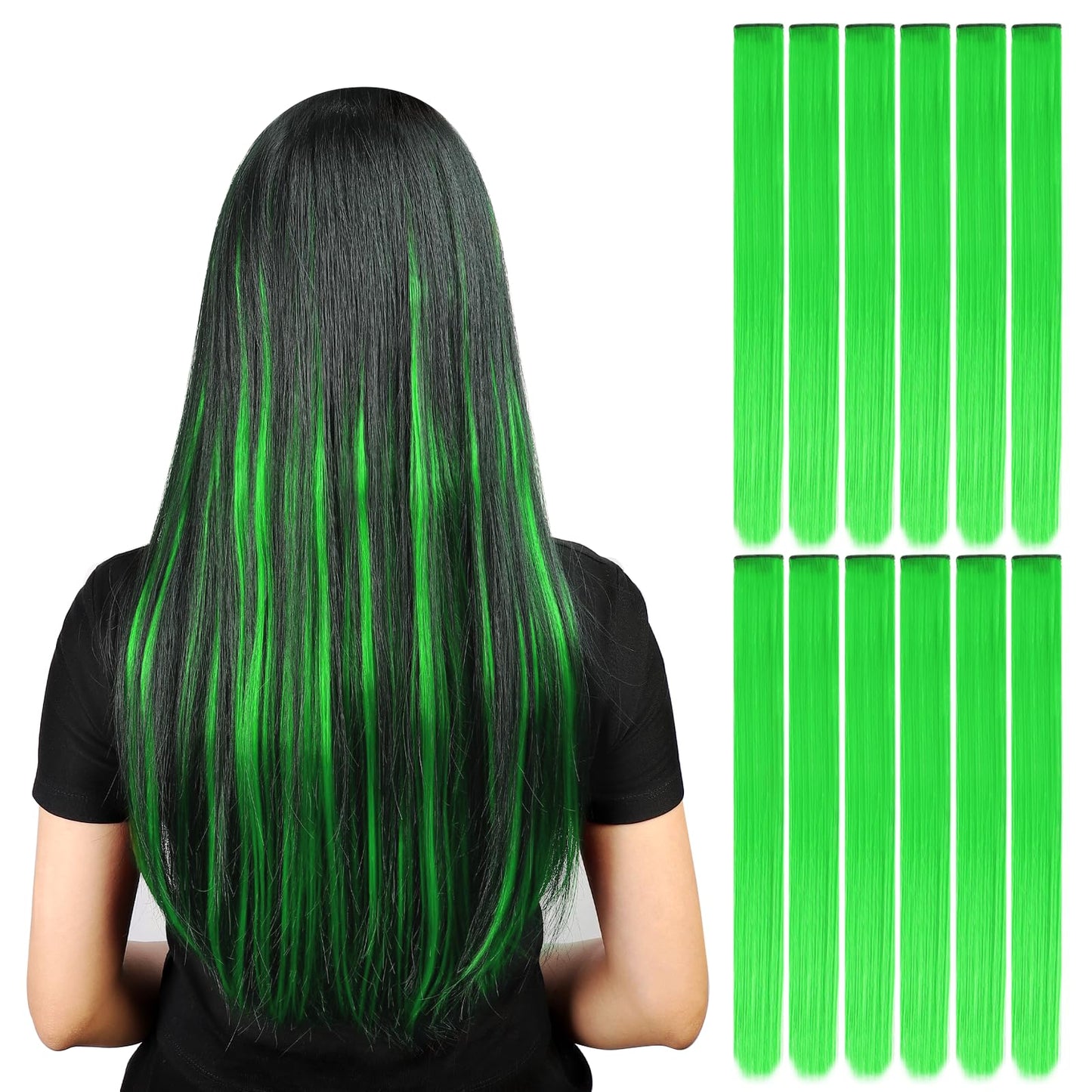 YaFex 12 Pcs Clip in Hair Extensions, 22 Inch Colored Hair Extensions Party Highlights Long Straight Synthetic Hairpieces for Women Kids Girls (Bright Green)