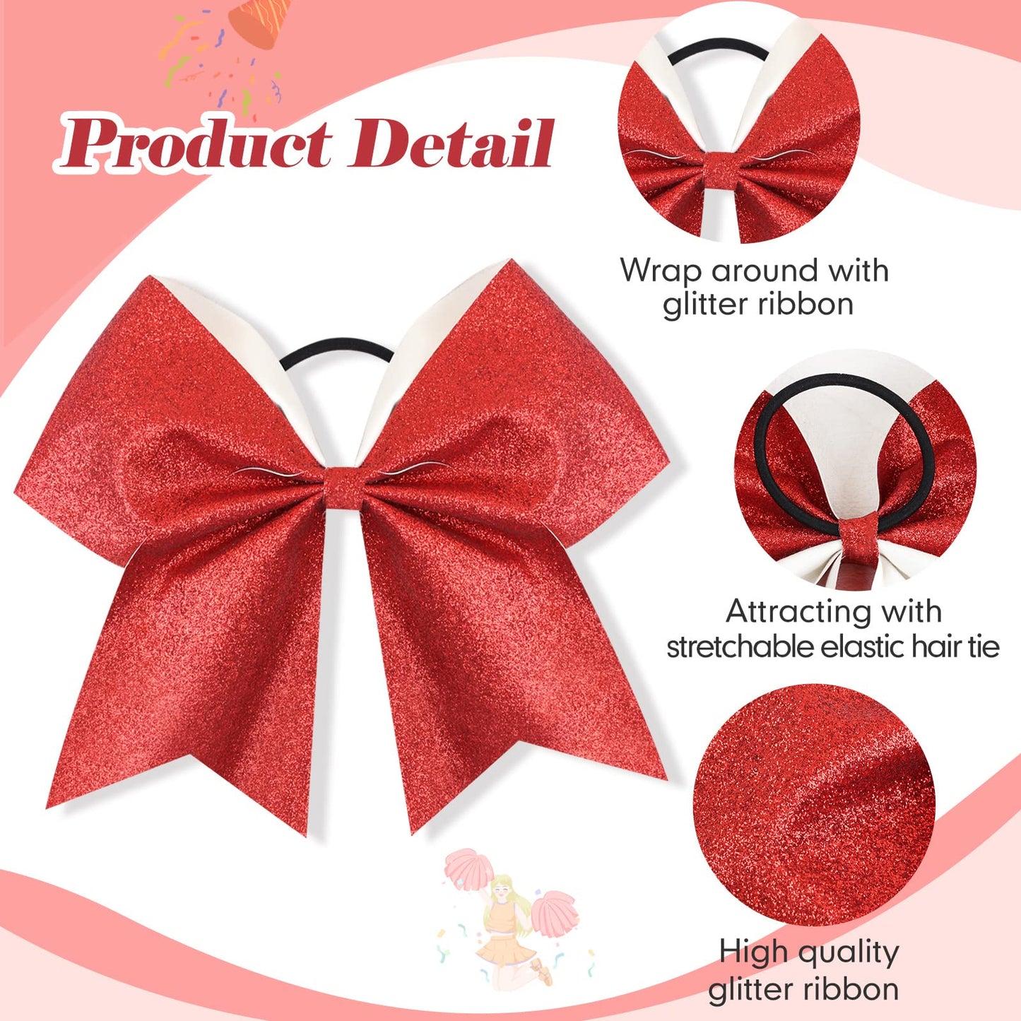 16PCS 8" Large Glitter Cheer Bows for Cheerleaders, CN Sparkly Hair Bows with Elastic Hair Ties Accessories for Teens Girls Women Cheerleading Softball Competition Sports