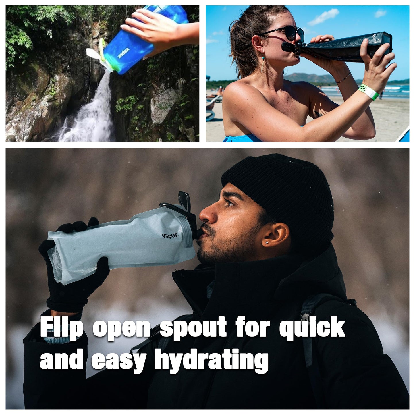 Vapur, Collapsible Water Bottle- 1 Liter, 33 Ounces- Reusable Leak Proof Water Bottles with Carabiner for Working Out, Camping, Backpacking, Hiking, & Travel!, Water Element Anti-Bottle Blue