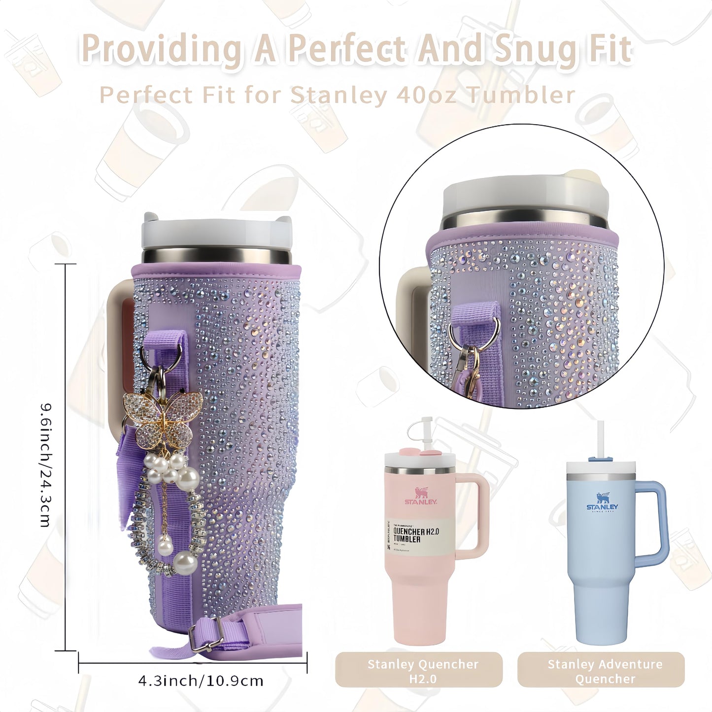 Water Bottle Carrier Bag for Stanley 40oz Tumbler - Stanley Cup Belt Bag with Adjustable Strap, Straw Cover & Pearl Bracelet - Stanley Cup Accessories(Purple Diamond Pro)