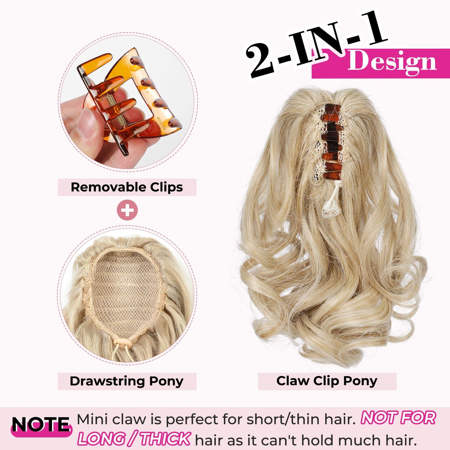 REECHO 9" Short Ponytail Extension, Classic Loose Curly Wavy Claw Clip Pony tails Hair Extensions HP001 Hairpieces for Women - Medium Blonde with Blonde Highlights