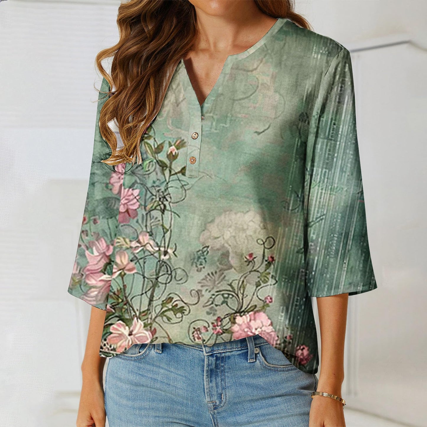 3/4 Sleeve Tops for Women 2024 Summer Shirts V Neck Floral Tshirts Button Peasant Blouses Loose Graphic Tees T-Shirts, Tshirts Shirts for Women Trendy, Plus Size Tops for Women