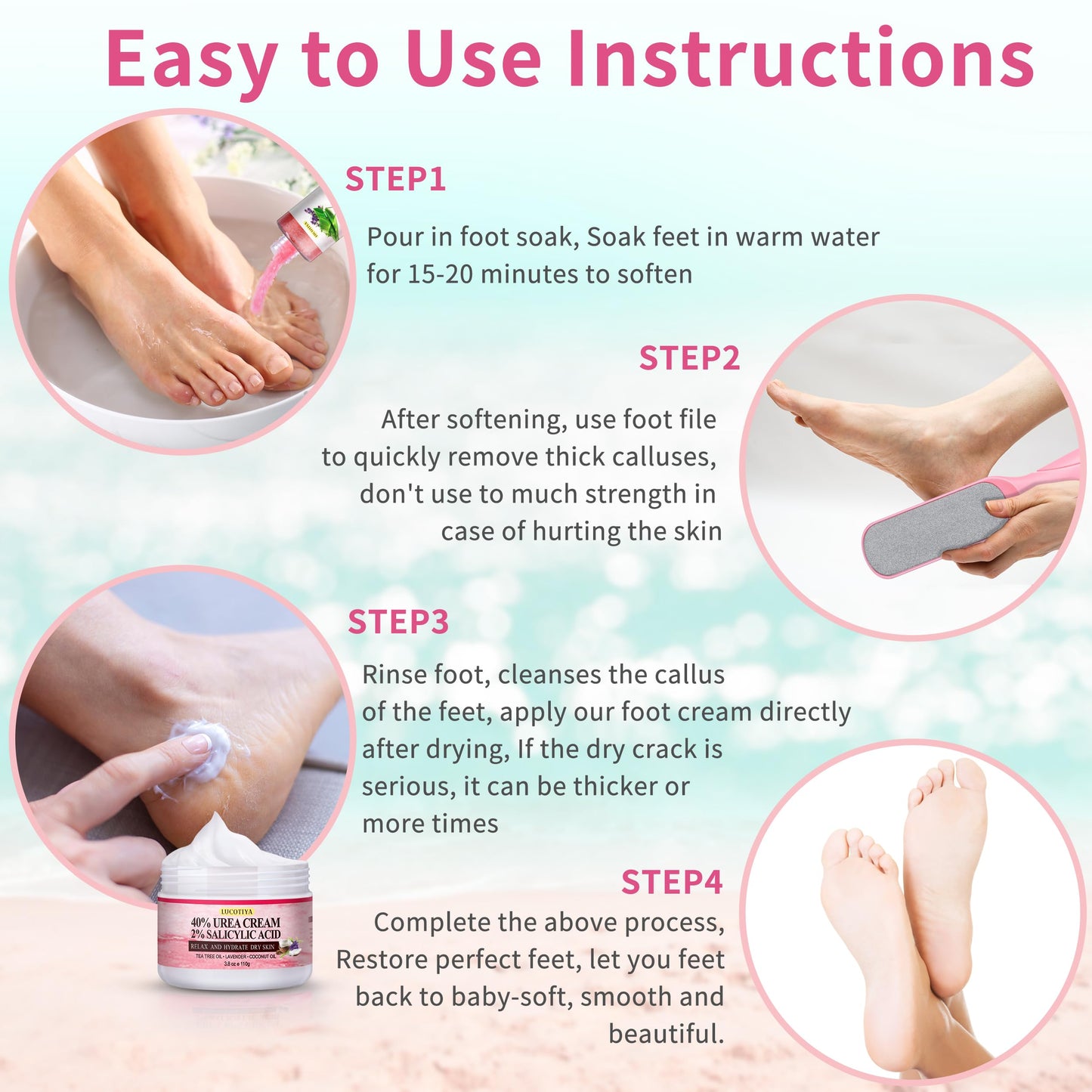 Foot Spa Soak Pedicure Kit, Aloe Lavender Foot Soak Salts, Foot File, Urea Cream for Dry, Cracked Feet - Foot Care for Women Men ﻿