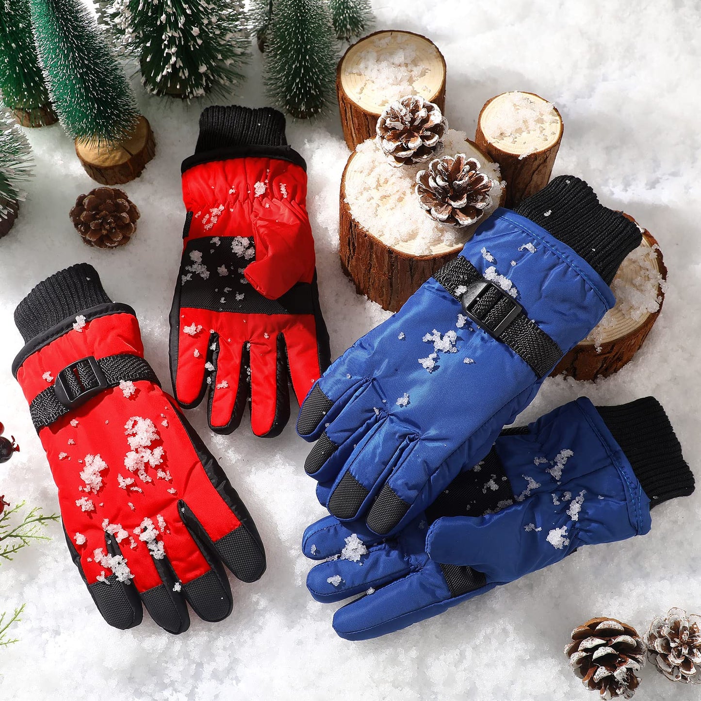 Eurzom 2 Pairs Kids Winter Gloves Waterproof Ski Gloves Windproof Warm Unisex Ski Gloves Warm Snow Gloves with Hook and Loop(Red, Blue, for 6-13 Years)