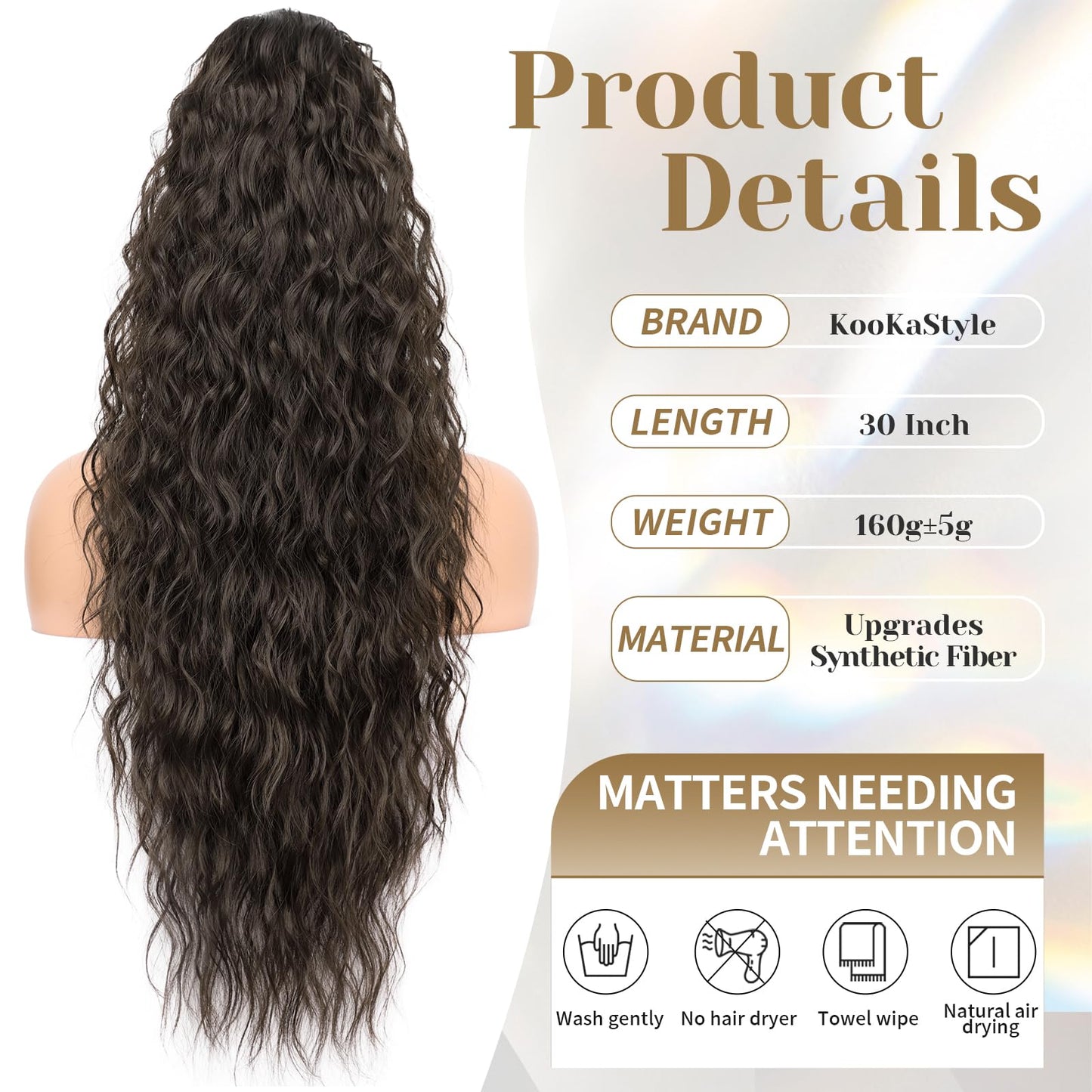 KooKaStyle Ponytail Extensions, 30 Inch Drawstring Clip-on Long Wavy Ponytail Chestnut Brown Synthetic Curly Hairpieces for Women and Girls
